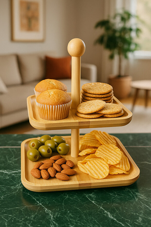 Çay Saati İçin 2 Katlı Top Ayaklı Kare Bambu Sunumluk Kurabiyelik Servislik İkramlık Tabağı