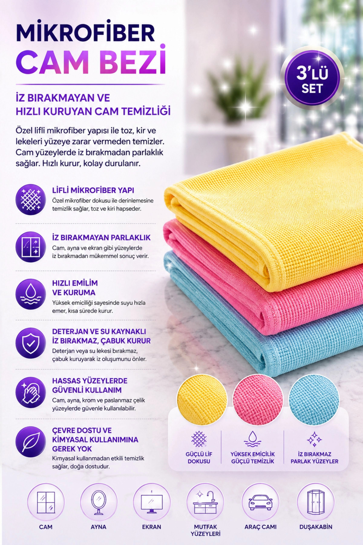 ElleSill Mikrofiber Çok Amaçlı Temizlik Bezi 3Lü 40*60 CM