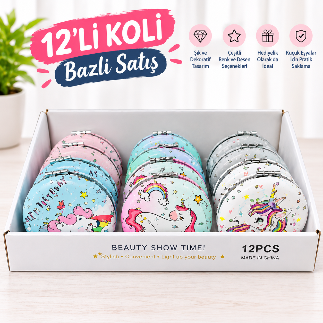 Unıcorn Desenli Cep Aynası 12 Adet ( Koli )