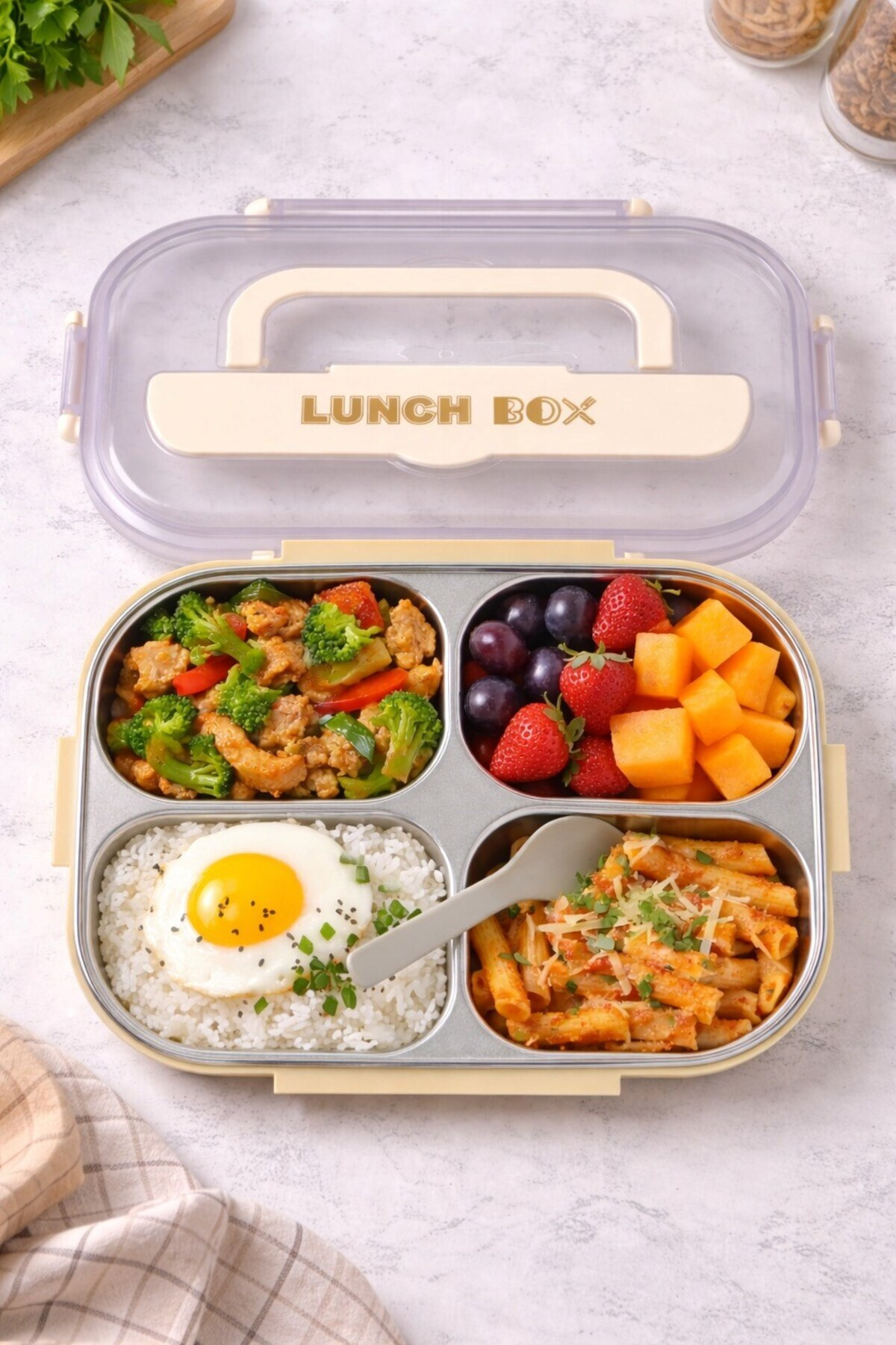LUNCH BOX ÜST KISMI RENKLİ ÇELİK BESLENME KUTUSU 4 BÖLMELİ BR-6667