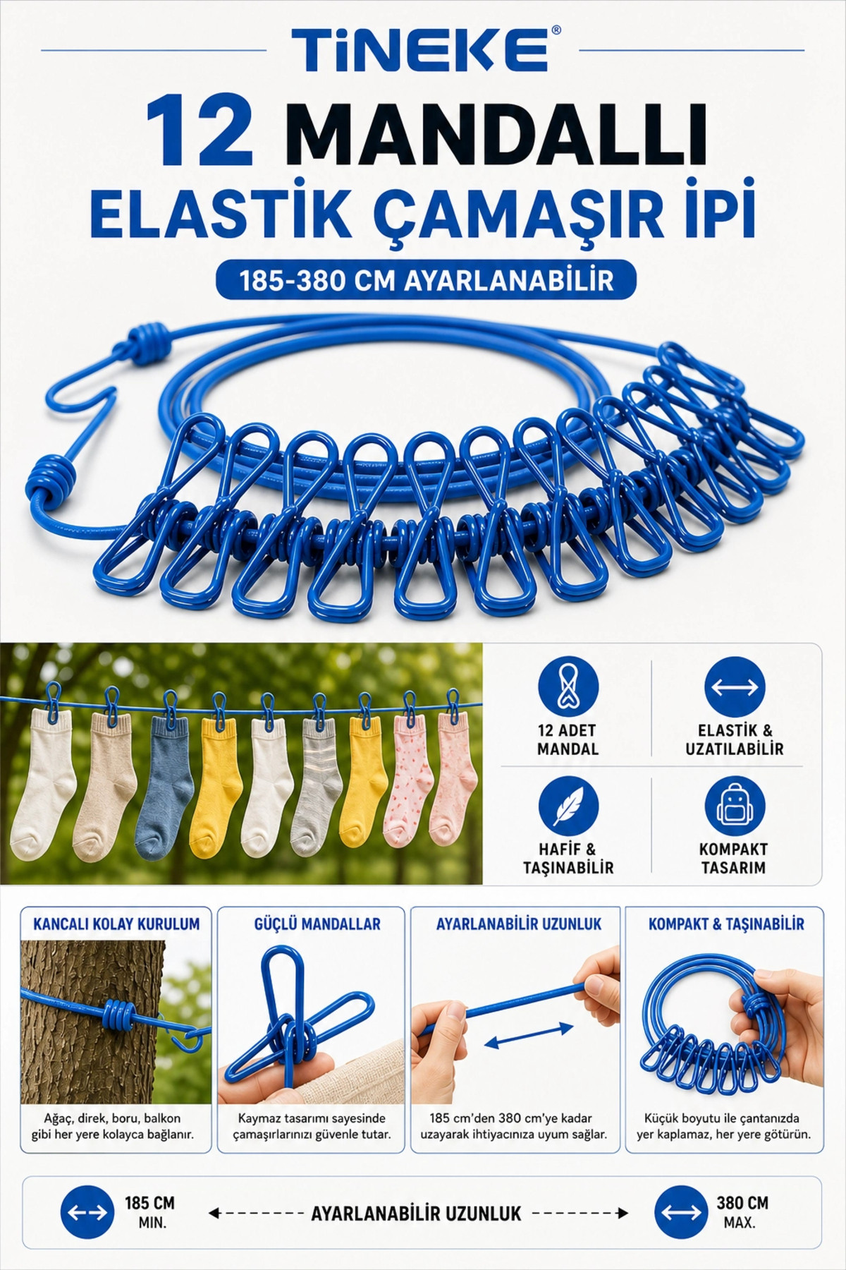 Kendinden Mandallı Taşınabilir Elastik Çamaşır İpi