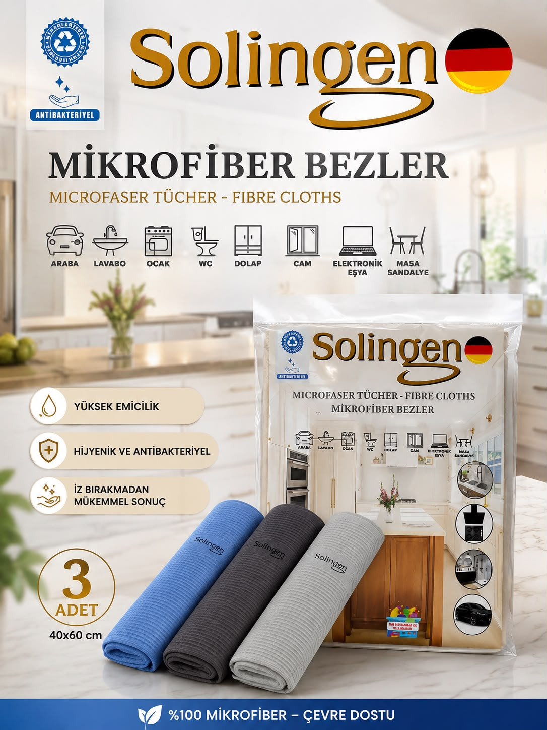 Solingen Bez 3lü Mikrofiber 40*60 CM ( Mavi-Antrasit-Gri )