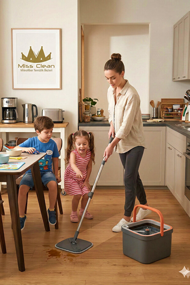 (+1 Yedek Bez Hediyeli )Temiz Su Ile Kirli Suyu Ayıran Otomatik Temizlik Seti Profesyonel Mop Paspas
