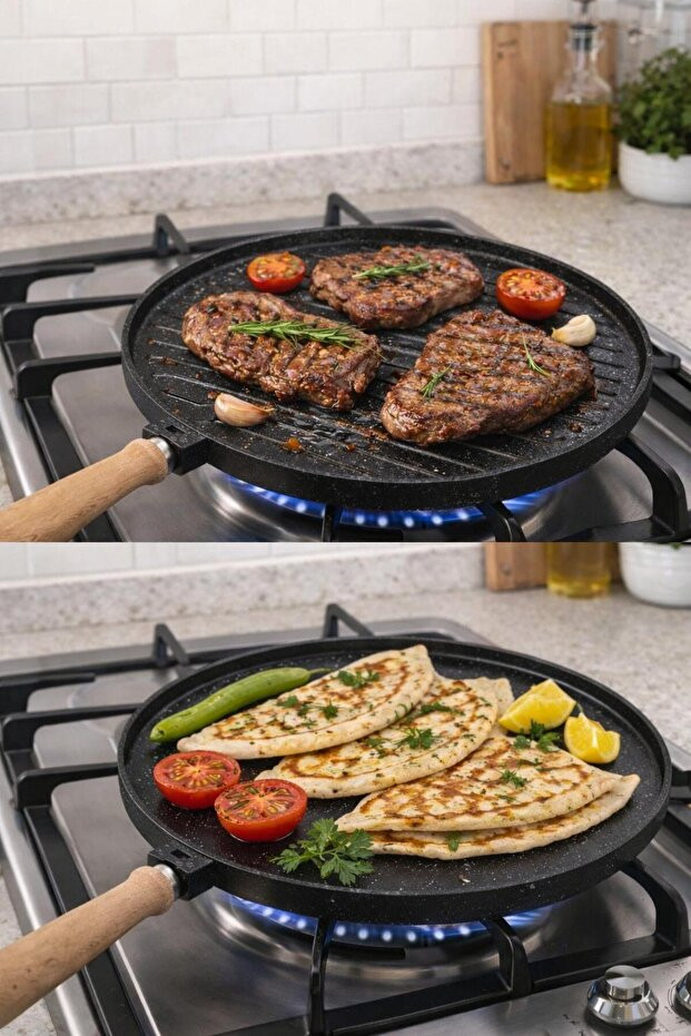 Çift Taraflı Izgara & Gözleme Tavası | Yapışmaz Kaplama | Kolay Temizlenir | Döküm Etkili