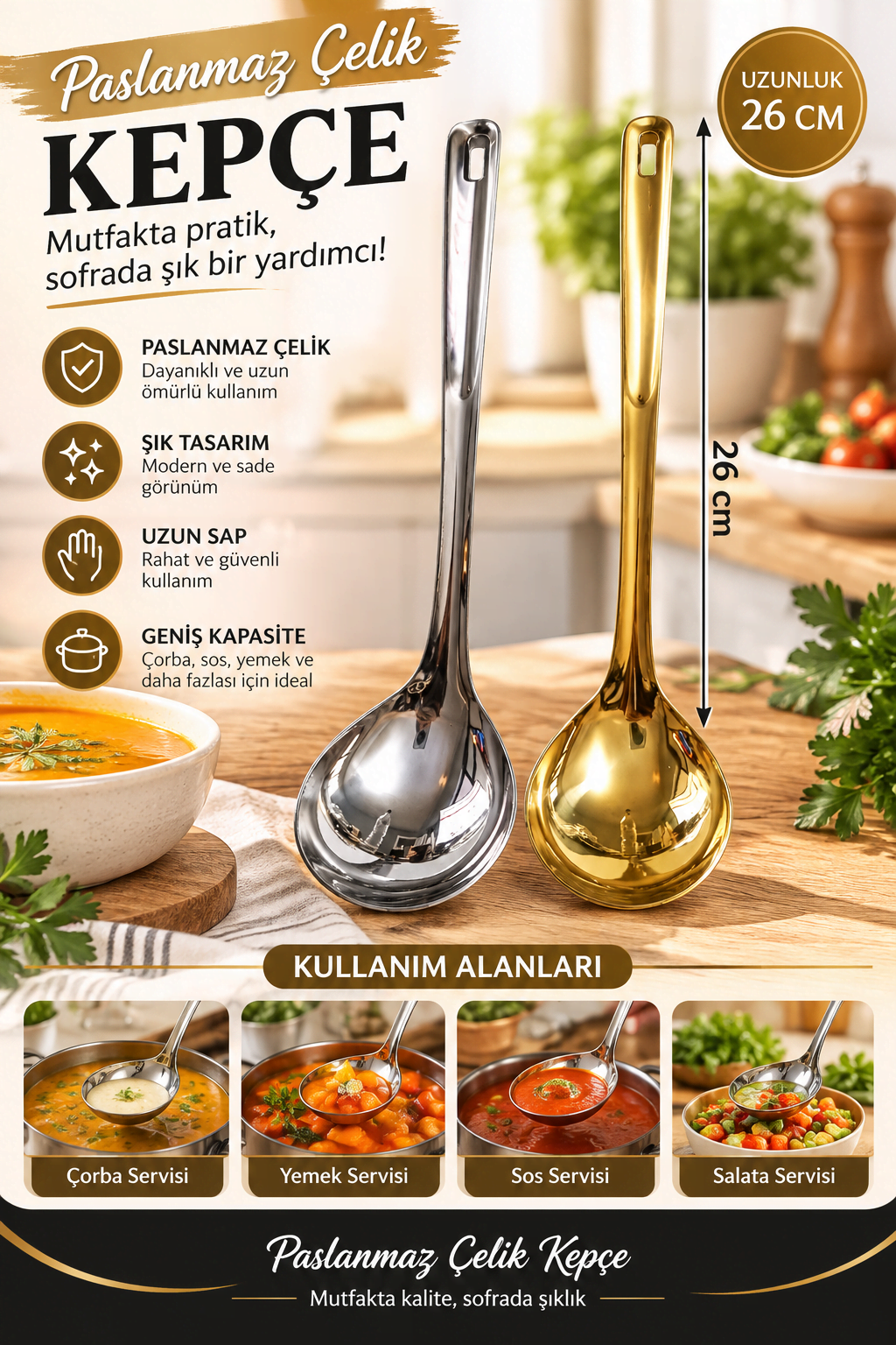 Paslanmaz Çelik Kepçe 26 CM ( Uzun )