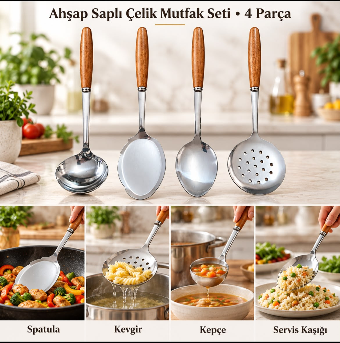 Akasya Saplı Mutfak Seti 4 Parça ( SET )