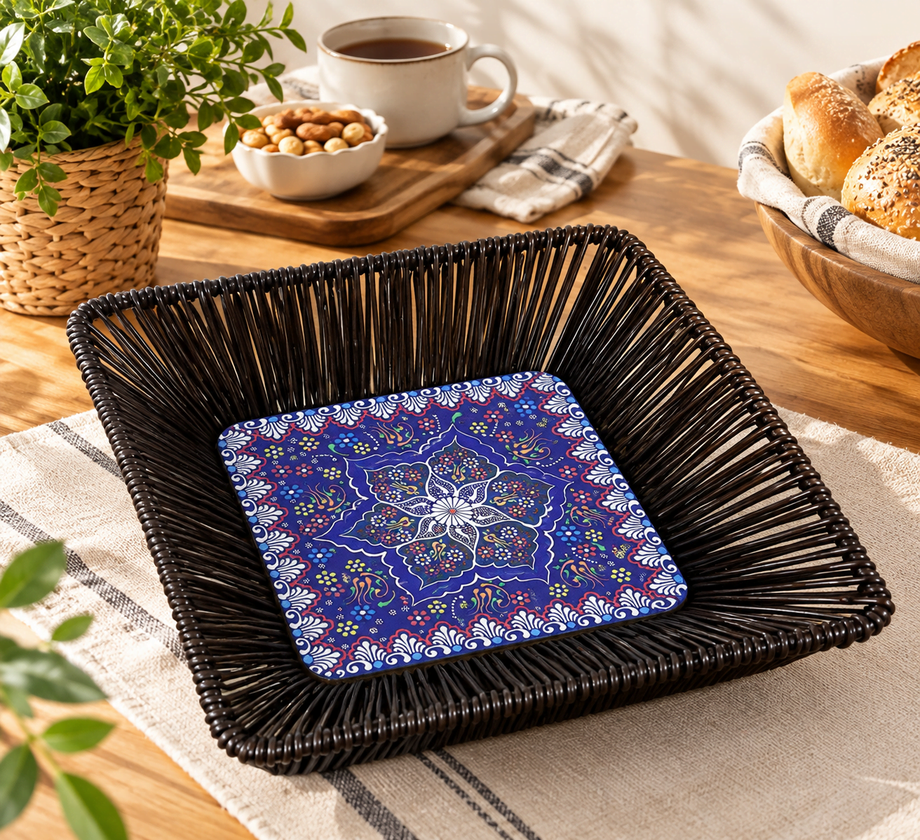 Rattan Çini Desenli Organizer Kare Koyu Kahve  CE-7037